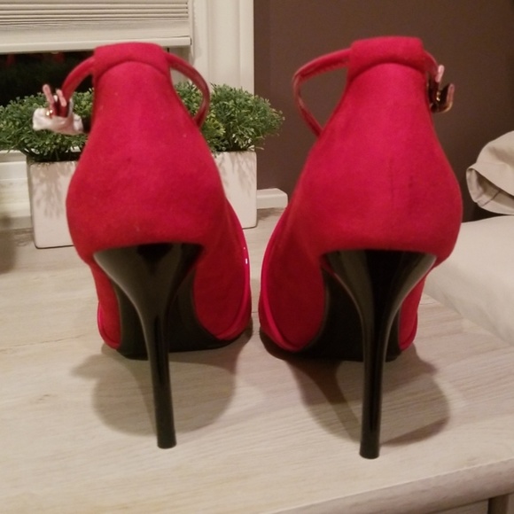 Red Faux Suede Heels - Picture 3 of 8